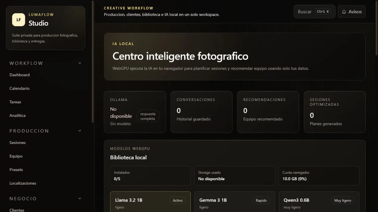LumaFlow Studio — IA local · captura de la interfaz sin modelo instalado